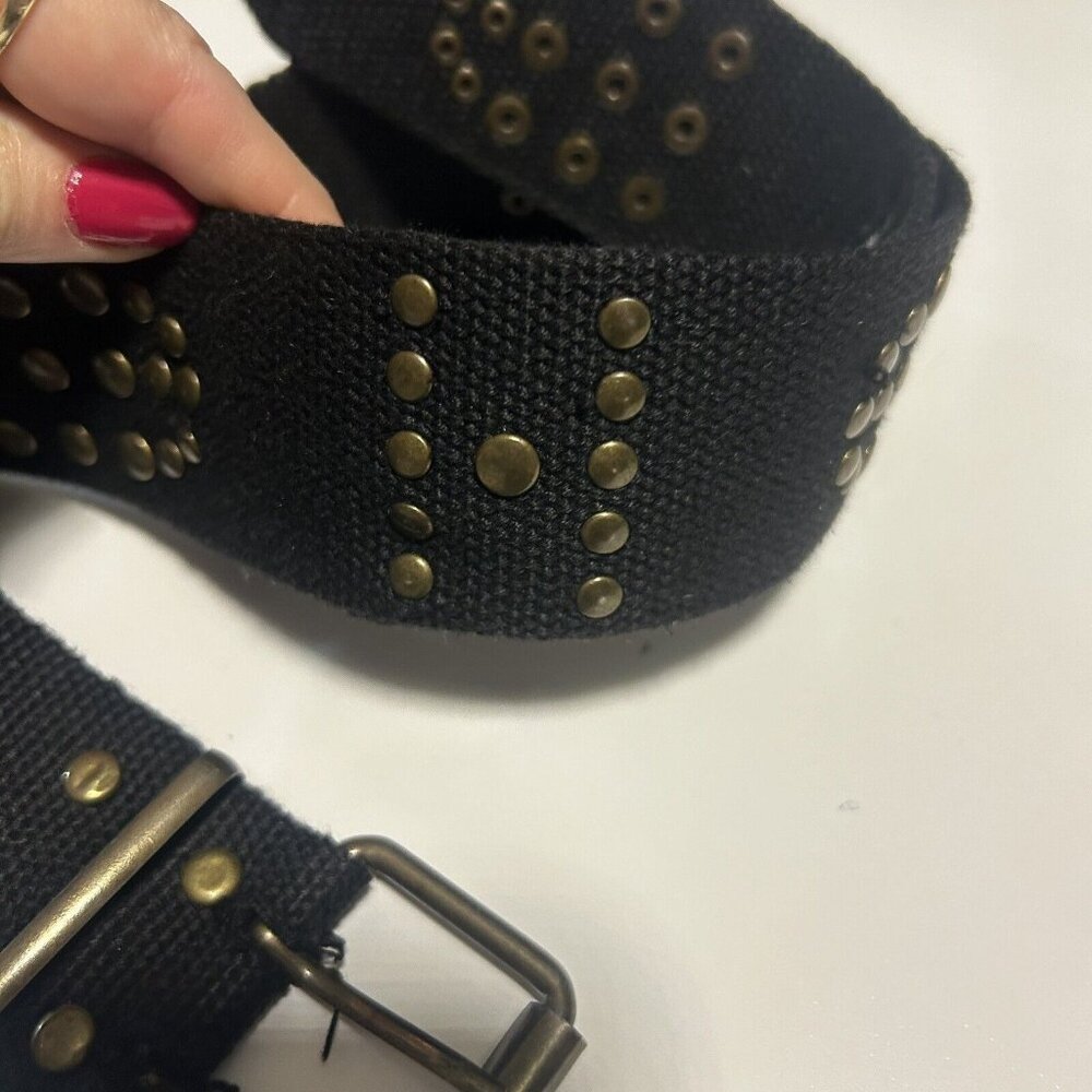 Brown Unisex Metal Studded Moto Biker Belt Canvas Bronze Studs Grunge Wide Rivet - Picture 5 of 9